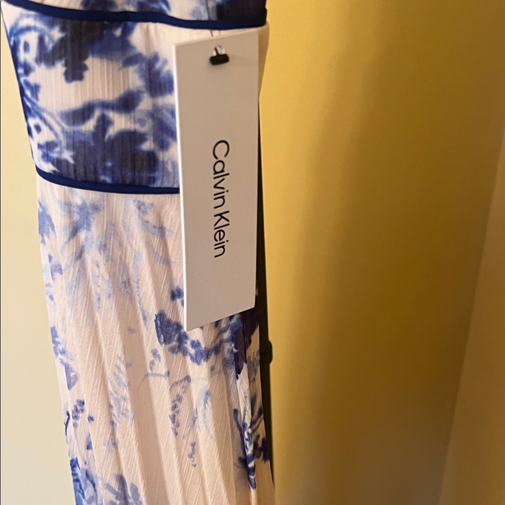 Calvin Klein Cream Blue Midi Dress size 6 simple BoHo pleated cottagecore - Picture 5 of 13